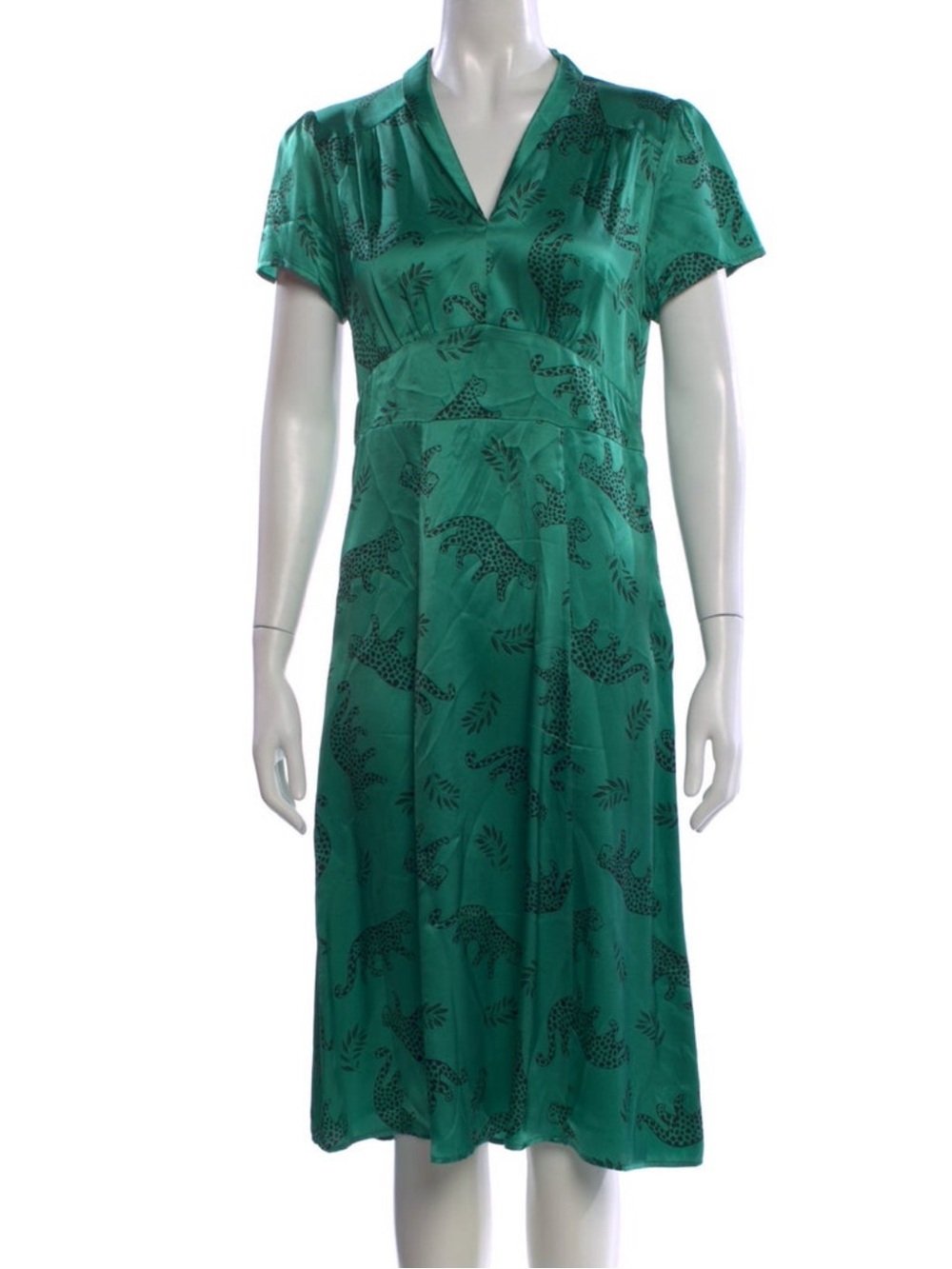 HVN Green Silk Black Leopard Animal Print V Neck Short Sleeve Midi Dress 8